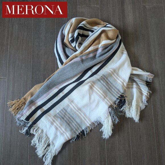 Merona, Extra Large Plaid Scarf/Shawl, White/Pink/Tan - Picture 2 of 9